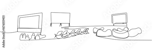 Minimal line art illustration of outdoor movie screening with different setups and seats, black outline cinema scene