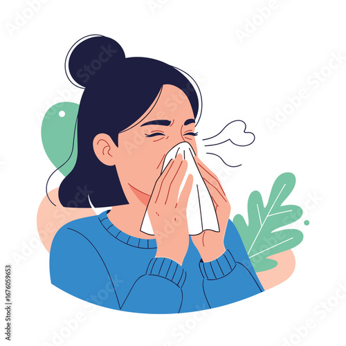 A person suffering from cold symptoms with a tissue blowing their nose and sneezing