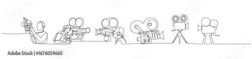 Continuous line art of multiple camera operators filming with vintage cameras minimalist filmmaking concept