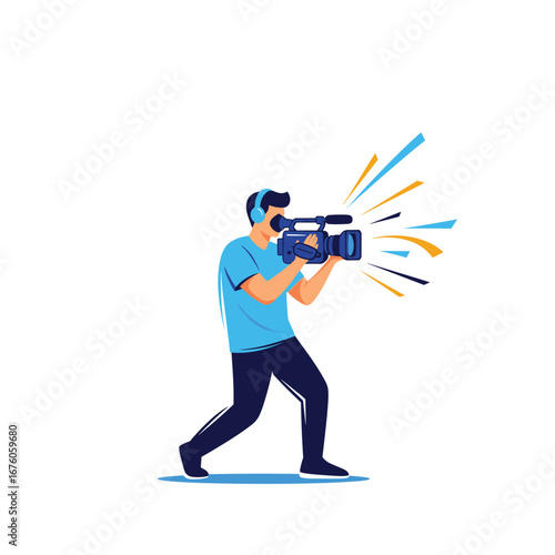 Filmmaker with professional camera capturing dynamic shots with energetic visual effects