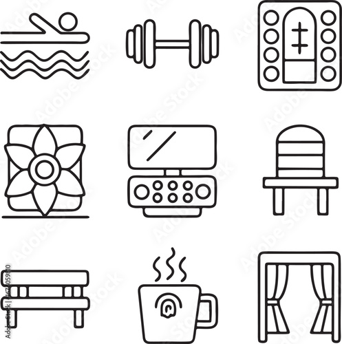 Amenities thin line icons, amenities pool, amenities gym, amenities spa, amenities parking, amenities wifi, amenities laundry, amenities restaurant, amenities coffee, amenities bar, amenities resort i
