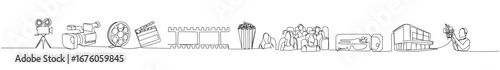 Continuous line art of cameras, film, popcorn, clapperboard, and moviegoers cinematic journey in outline