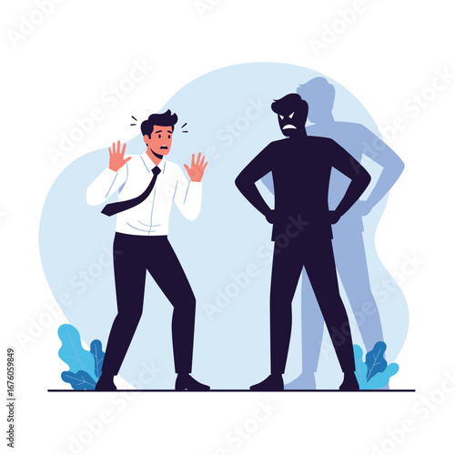 Man facing his angry shadow representing internal conflict or fear confronting challenges in professional life