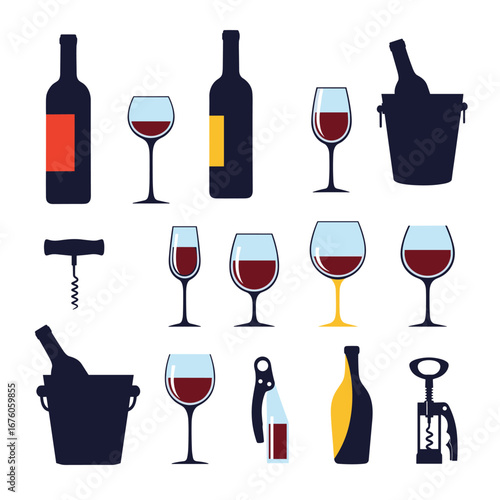 Collection of wine bottles glasses and accessories for beverage enjoyment and celebration