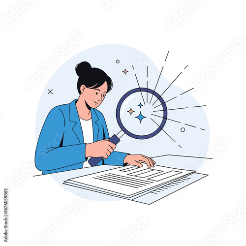 Professional woman carefully examining documents under a magnifying glass at her desk with bright radiating lines indicating focus and insight