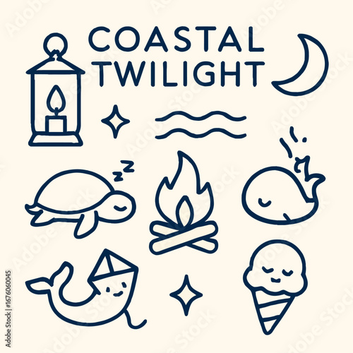 An enchanting set of simple, hand-drawn vector icons representing a tranquil coastal evening, including marine life, a lantern, and a cozy campfire scene.