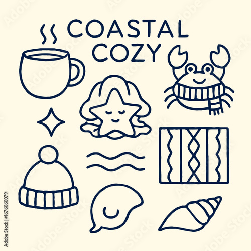 Charming hand-drawn line art icons featuring cozy coastal elements such as a bundled crab, warm mug, and seashells, ideal for winter or autumn designs.