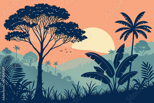 Jungle landscape with large tree and palm trees at sunset