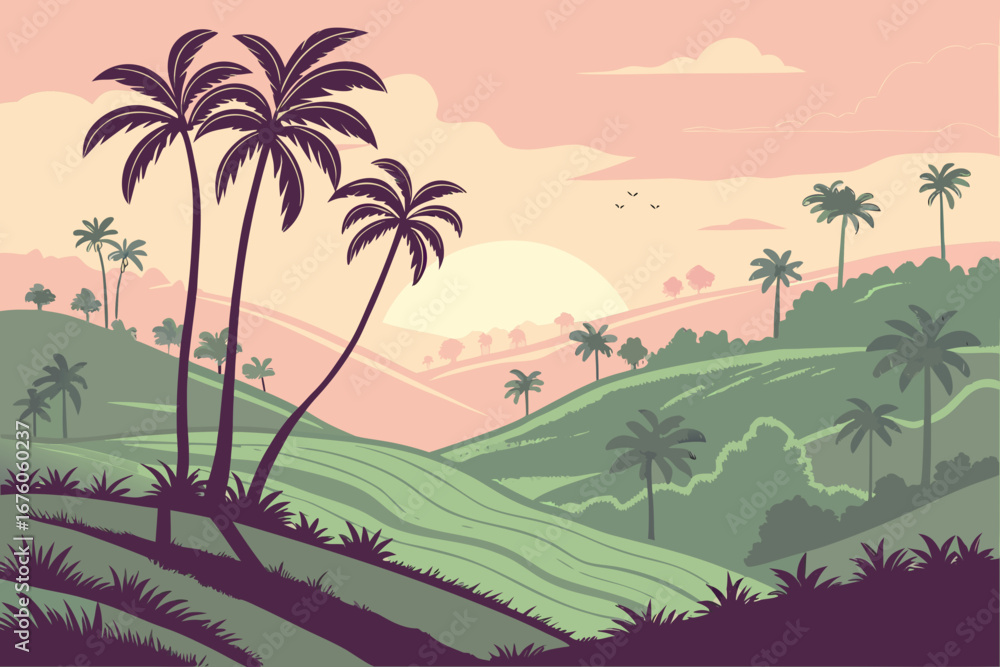 Obraz premium Rolling Hills and Palm Trees at Sunrise landscape tropical