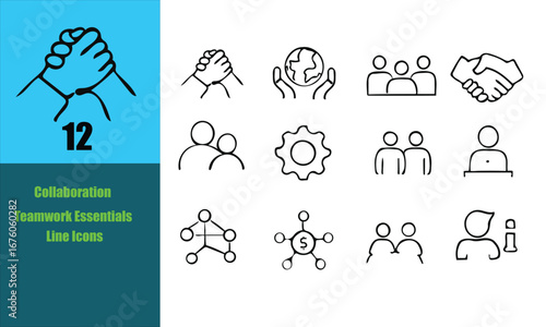 "Collaboration & Teamwork Icon Set – 12 Minimal Line Symbols Including Handshakes, Group Discussions, Global Unity, and Communication – Representing Support, Partnership, and Shared Goals – Flat Vecto