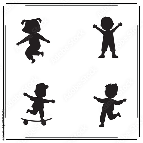 Black Silhouette of Children in Motion – Playing, Jumping, and Skateboarding Icons, Active Kids, Fun and Playful Child Symbols