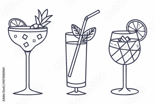 Three line art illustrations of assorted cocktails on white background