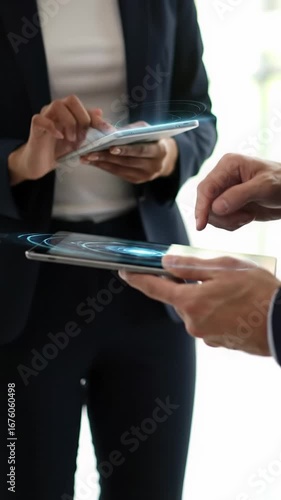 Tight close-up video of diverse male, female professional hands in smart suits tapping tablet, modern tech office background. Secure digital collaboration concept