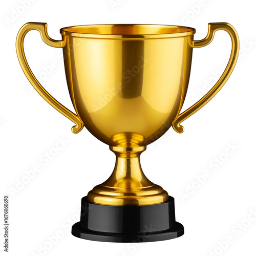 3D Glossy Trophy Icon with Metallic Gold Finish and Shadows, Angled Perspective, Isolated on Transparent Background