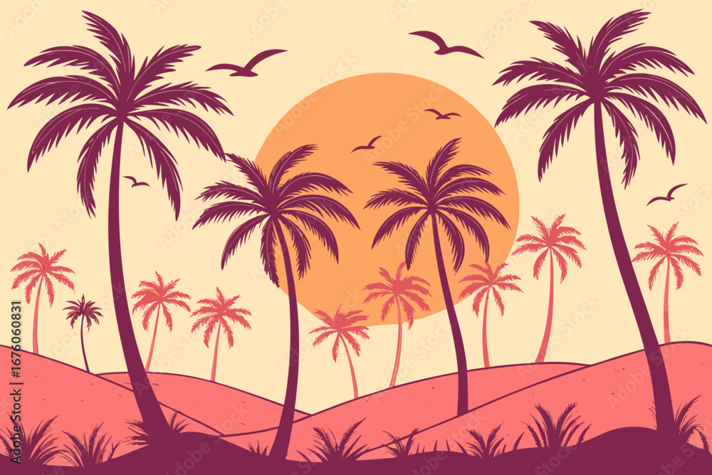 Obraz premium Tropical sunset with palm trees and rolling hills beach