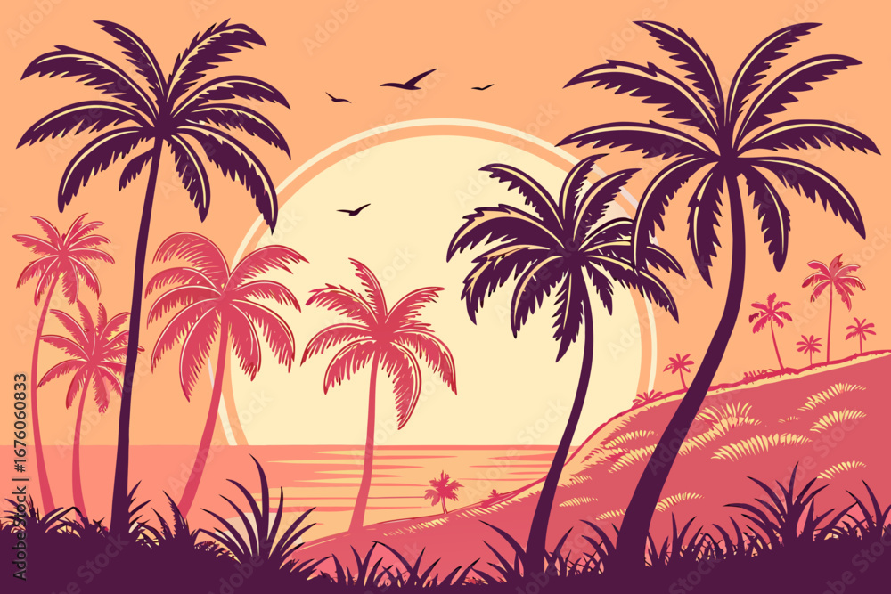 Obraz premium Tropical Sunset with Palm Trees and Ocean beach