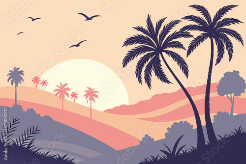 Tropical sunset landscape with palm trees and hills