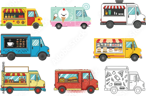 Colorful food trucks, ice cream, coffee, snack, dessert vehicles, fast food vans, street food, tasty treats, mobile food
