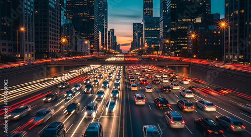 Urban night traffic congestion with car light trails blurring in a busy city street