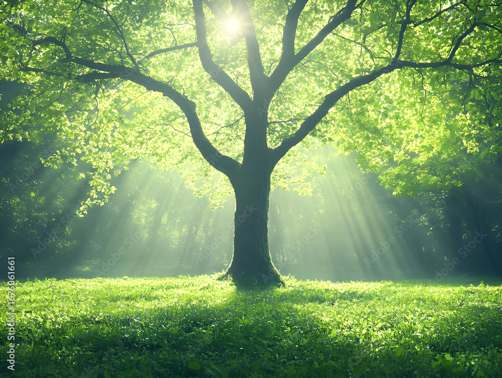 Fototapeta premium Sunlit Green Tree Nature Background Illustration
