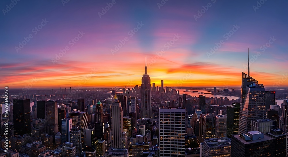 Naklejka premium New York City Skyline at Sunset - A Stunning View.