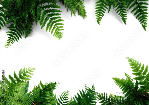 Fresh fern foliage frames a white background
