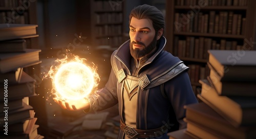 Wizard Casting a Fire Spell in a Library.