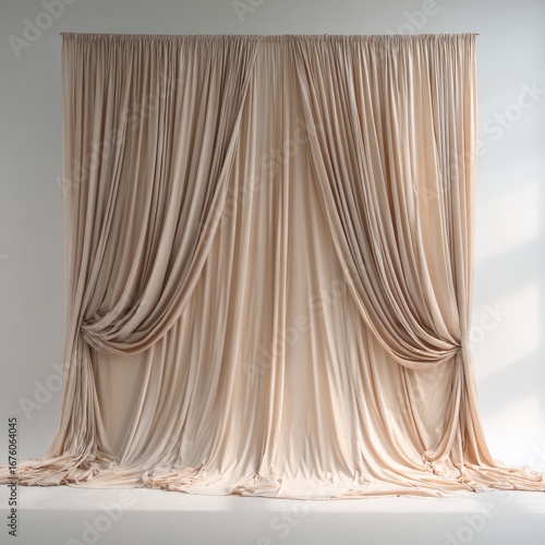 Beige draped fabric backdrop.  Soft folds.  Studio shot