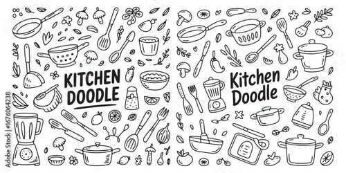 Hand-Drawn Kitchen Utensils and Cooking Tools Doodle Vector Illustration