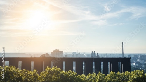 Industrial cityscape view Sunset over factory skyline with trees and a long structure in the foreground