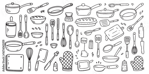 Hand-Drawn Kitchen Utensils and Cooking Tools Doodle Vector Illustration