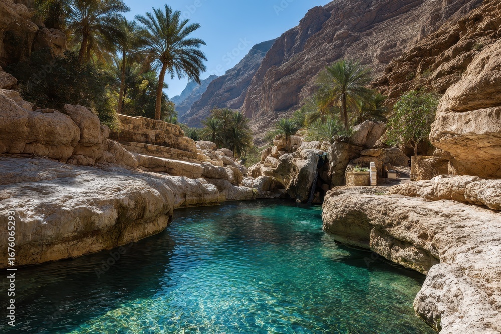 Fototapeta premium Tranquil Oasis: Wadi Bani Khalid in Oman, A Desert Paradise with Serene Water Pools and Stunning Canyons