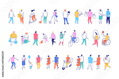 Isometric line style vector set of people in daily activities. Modern minimal flat illustration with colorful accents, lifestyle and business scenes.