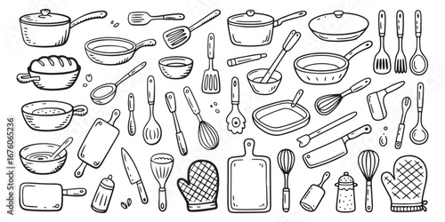 Hand-Drawn Kitchen Utensils and Cooking Tools Doodle Vector Illustration