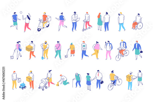 Isometric line illustration of people in urban lifestyle scenes. Flat vector set with modern activities, family, sports, communication, and social moments.