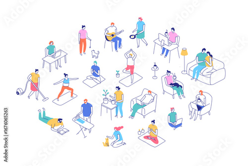 Isometric line illustration of people at home. Flat vector set showing family, work, leisure, hobbies, fitness and daily routine in minimal lifestyle style.
