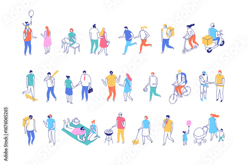 Isometric line vector set with people in different lifestyle activities. Flat minimal characters doing sports, socializing, walking, family and business tasks.