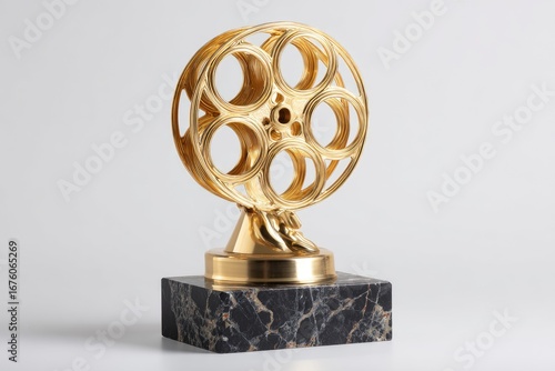 Golden film reel trophy on dark marble base