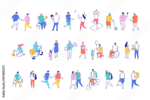 Isometric line illustration set of people in diverse daily routines. Flat minimal vector characters with modern lifestyle, teamwork, family, fitness and leisure.