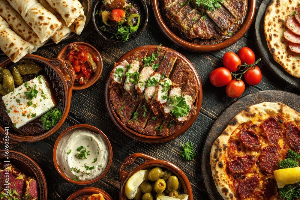 Fototapeta premium Authentic Istanbul Cuisine: A Delightful Spread of Dishes Like Kebab, Hummus, and Pide on a Restaurant Table
