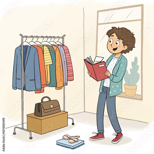 Young Person Reading Book in Fashion Store – Cozy Lifestyle Vector Illustration