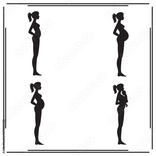 Black Silhouette of Pregnant Woman and Mother with Baby – Maternity, Pregnancy, Postpartum, Newborn Care Icon Set