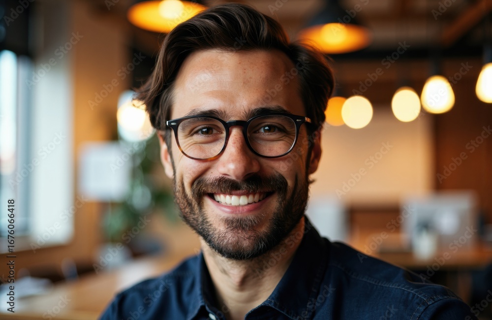Obraz premium A smiling man with glasses in a cozy indoor setting with warm lighting