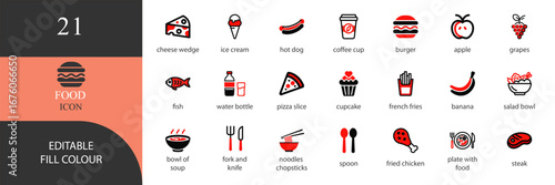 Vector art of food icon set featuring meal, dish, and cuisine symbols