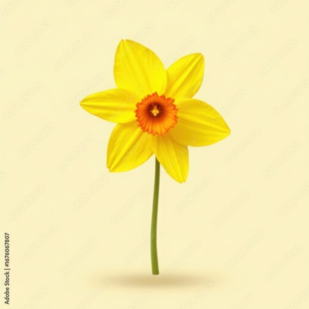 Obraz premium A single bright yellow daffodil flower with a vibrant orange trumpet stands tall on a pale background