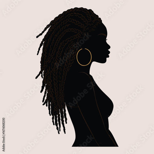 Stylized Silhouette of Afro Black Woman with Twisted Hair and Hoop Earrings in Elegant Profile Illustration