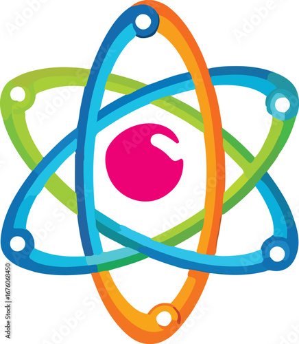 Abstract Atom Symbol with Colorful Orbiting Rings and a Pink Nucleus on a White Background science molecule vector EPS file download