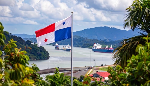 Panama Flag Over the Panama Canal
