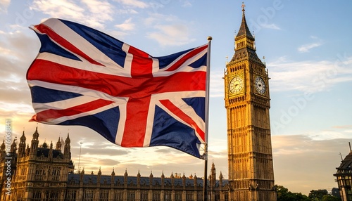 The Union Jack flag waves proudly in front of Big Ben