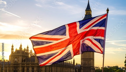 The Union Jack flag waves proudly in front of Big Ben
